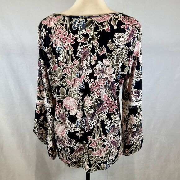 SJS navy and pink puff floral print long bell sleeve top size large - Picture 4 of 7